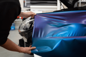 Car wrapping on a blue car