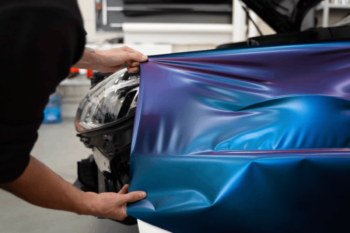 Car wrapping on a blue car
